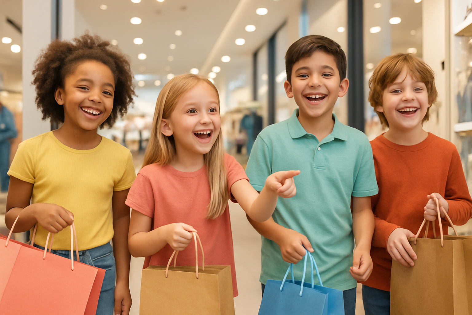 foto realistica bambini felici che fanno shopping contenti
