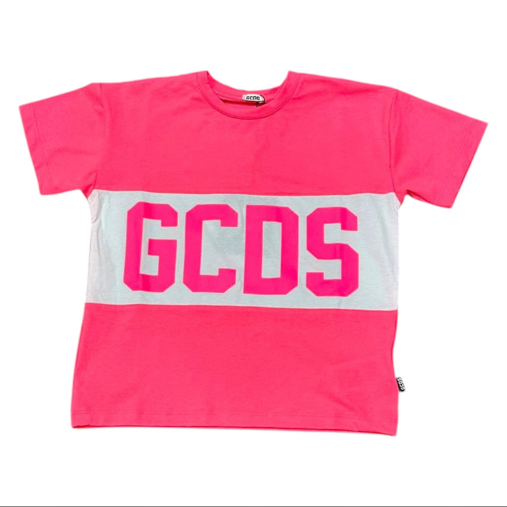 T-SHIRT BANDA LOGO BIANCA FUXIA FLUO