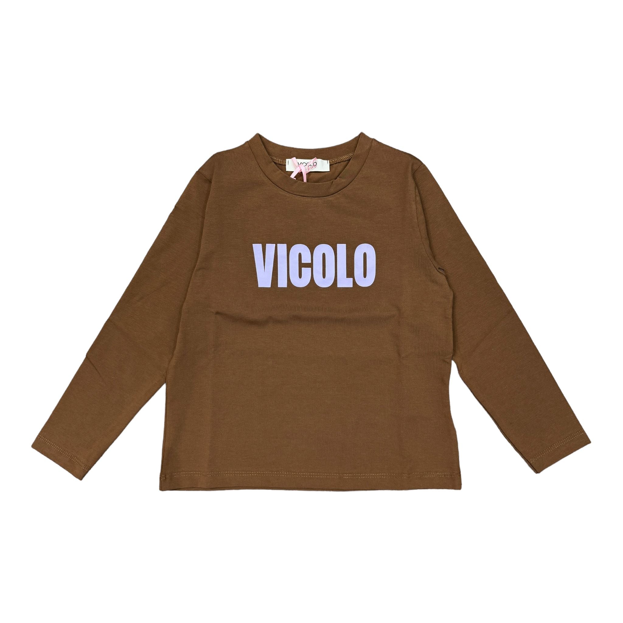 MAGLIA IN COTONE MARRONE CON LOGO VIOLA